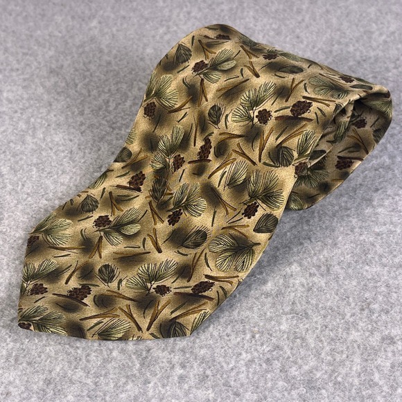 Ties to Nature Mens Silk Necktie Pine Cone Evergreen Tree Nature Print Hand Sewn - Picture 1 of 5